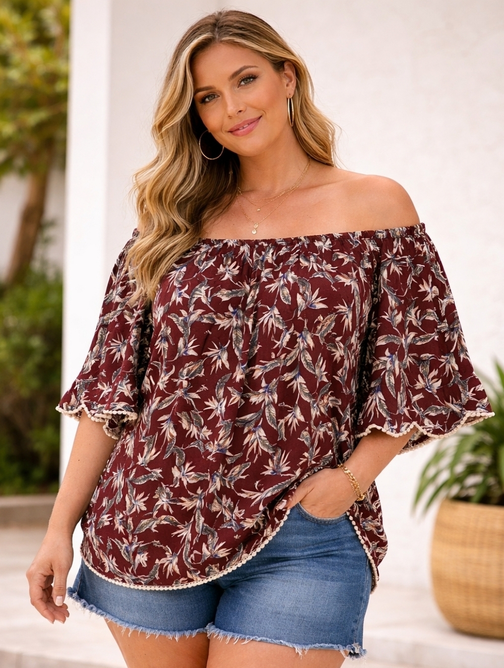 Umgee Boho Maroon floral Off Shoulder blouse XL half sleeve - Picture 1 of 5